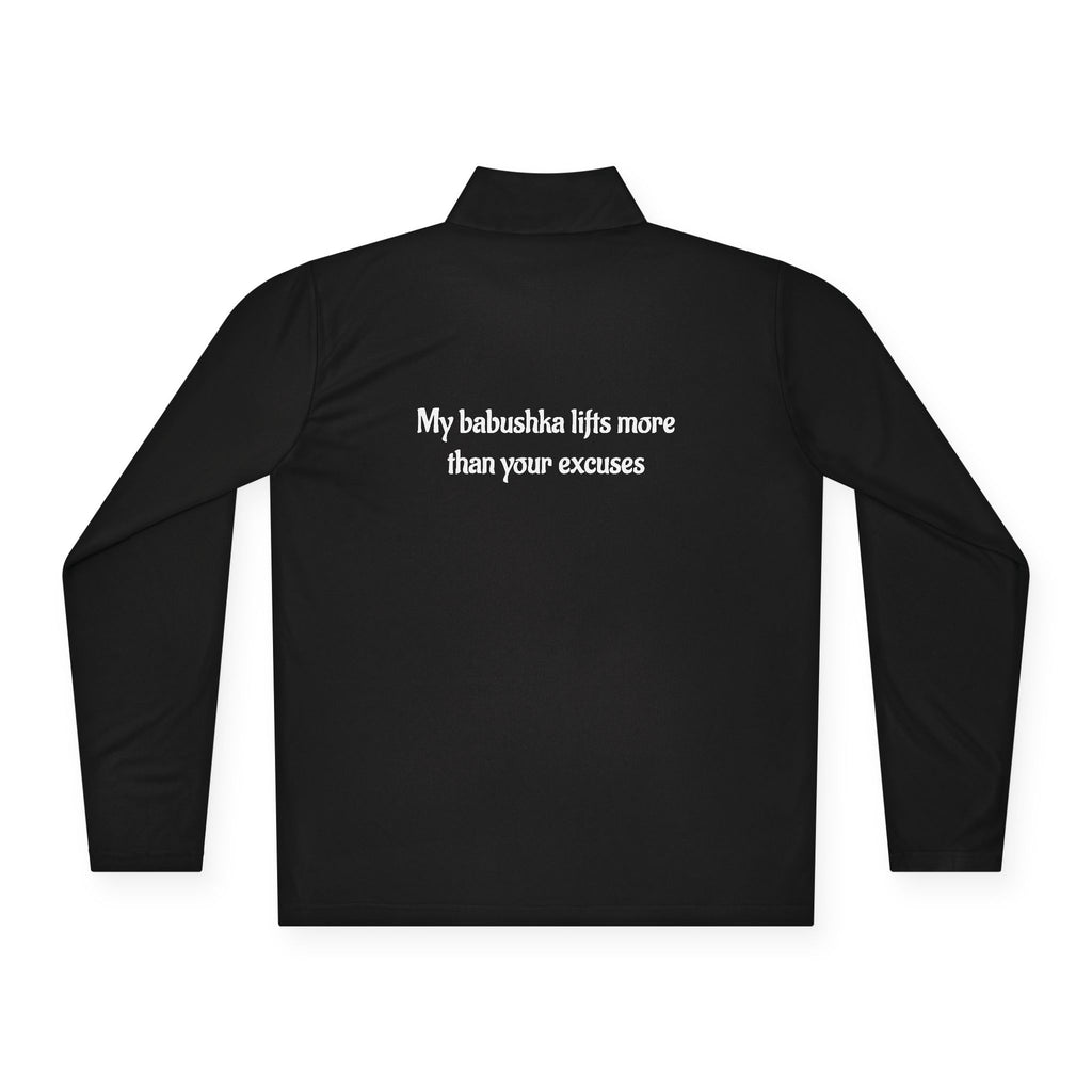 Babushka Weightlifting Illustration Quarter-Zip Pullover | Funny Slavic Quote | Sport Wear