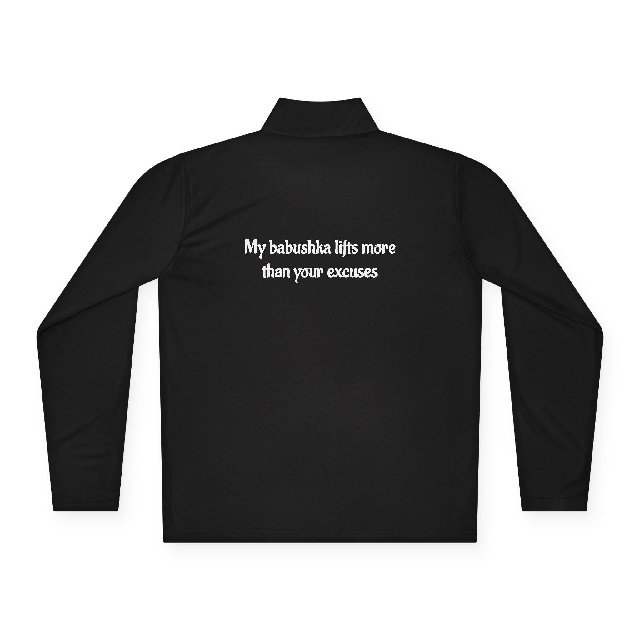 Babushka Weightlifting Illustration Quarter-Zip Pullover | Funny Slavic Quote | Sport Wear