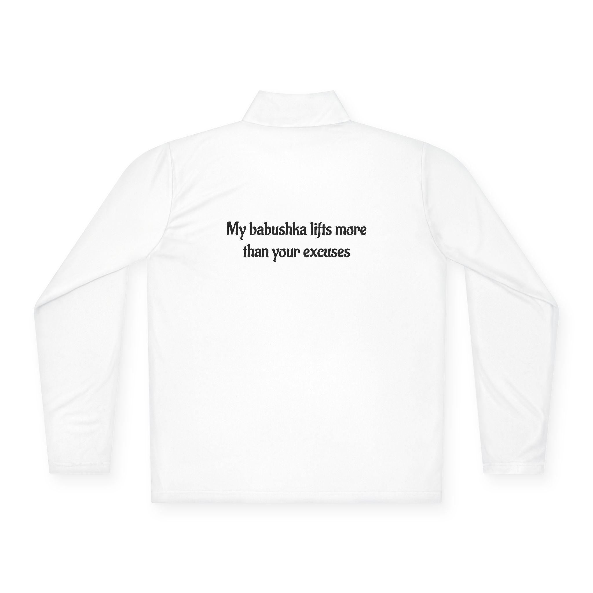 Babushka Weightlifting Illustration Quarter-Zip Pullover | Funny Slavic Quote | Sport Wear